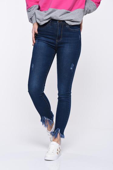 Vezi oferte>>Blugi albastri-inchis skinny cu talie medie din bumbac elastic cu rupturi