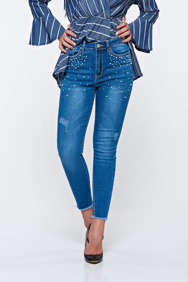 Vezi oferte>>Blugi albastri casual skinny din bumbac cu talie inalta cu aplicatii cu perle