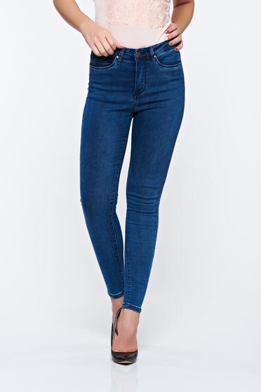 Vezi oferte>>Blugi albastri-inchis casual skinny din bumbac cu buzunare in fata si in spate