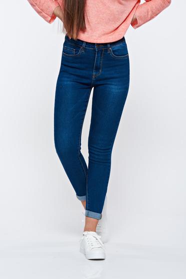 Vezi oferte>>Blugi albastri-inchis casual skinny din bumbac cu talie inalta 
