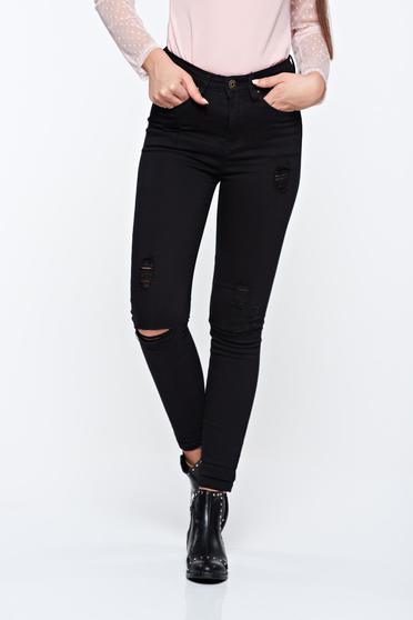 Vezi oferte>>Blugi negri casual skinny din bumbac cu rupturi •